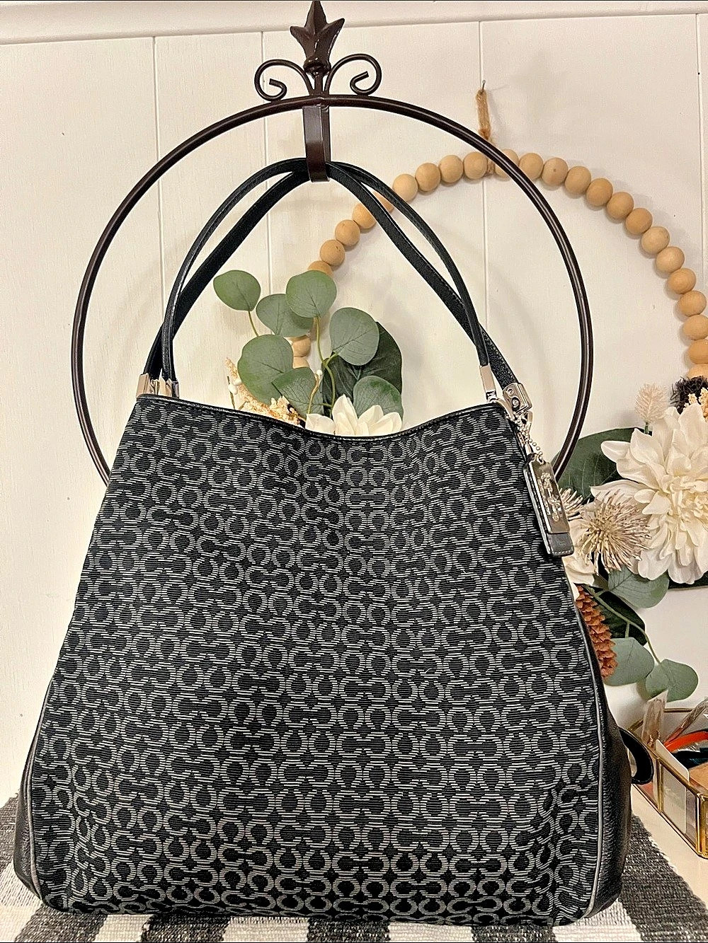 Coach Madison Phoebe Op Art Needlepoint Shoulder Bag Black Grey 26281